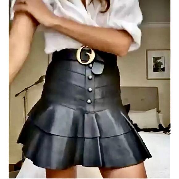Aje. Ambrosio Black Leather Mini Ruffle, Flat Chevron Yoke Skirt Sz. AU 8 / US 4 - Picture 1 of 12